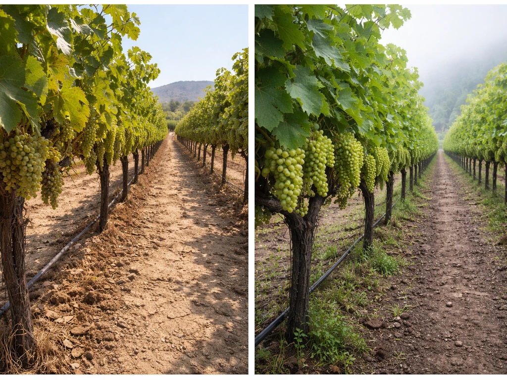 Side-by-side vineyard rows: hot dry vines with sparse clusters vs cool foggy vines with fuller clusters.