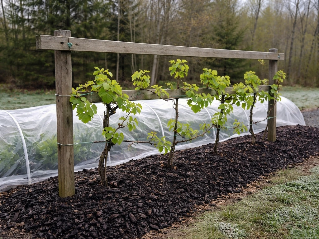 Grape vines on a simple trellis with mulch and a low protective tunnel in a cool early-spring garden.