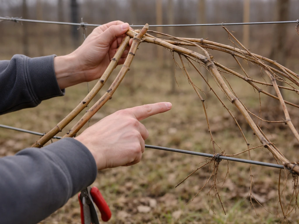 Gardener hands selecting dormant grapevine canes on a trellis for cane pruning, minimal winter garden background.