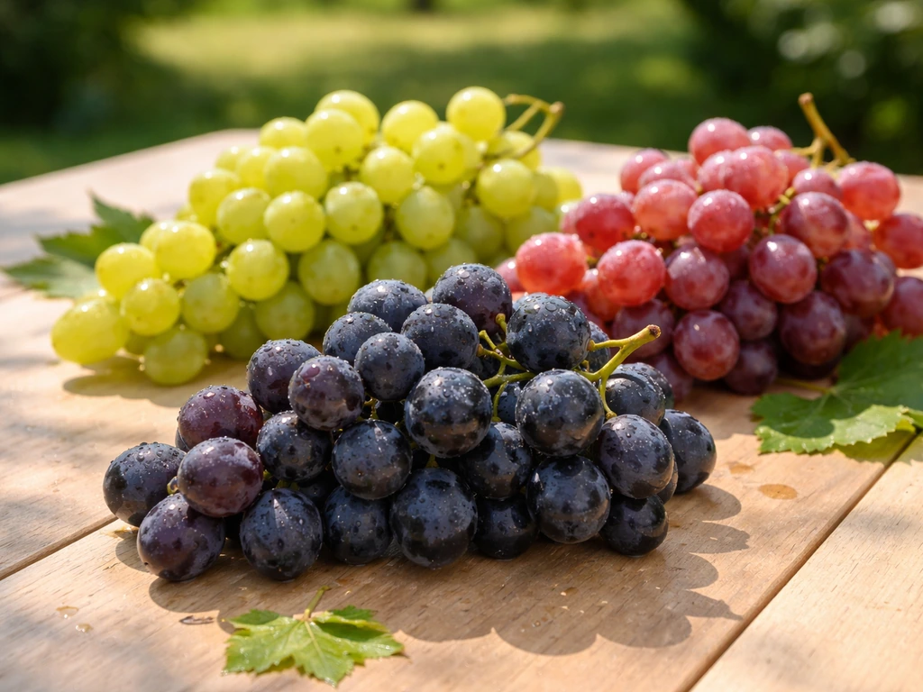 Close-up of three separated grape clusters in purple, green, and red on a light wood table.