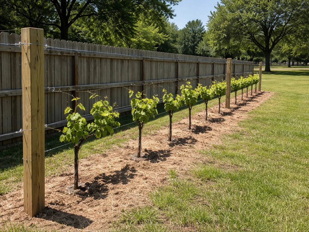 Grape vines on a backyard trellis with wires and posts, spaced in a sunny Oklahoma garden