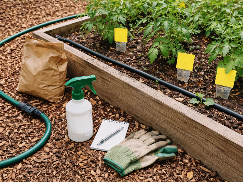 Garden bed with watering hose, fertilizer bag, and pest scouting traps during summer care