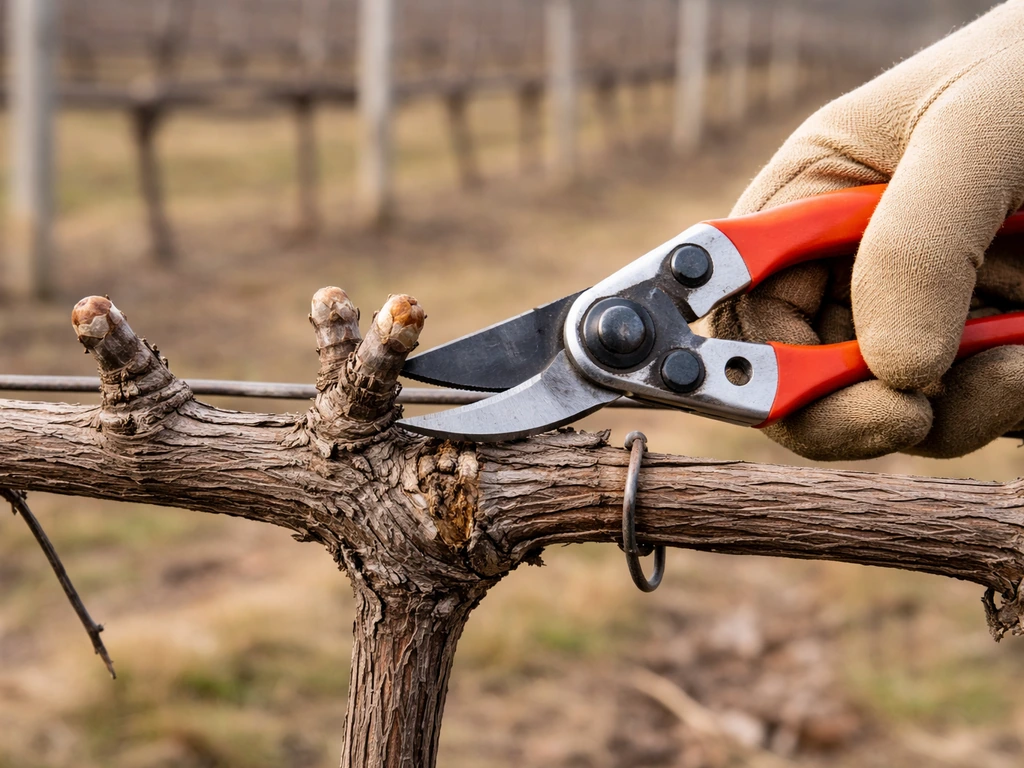Close-up of pruning grape vine spurs with pruners on a cordon trellis in late winter.