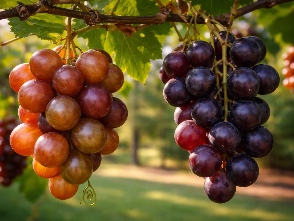 Close-up of ripe muscadine grape clusters hanging on a vine with sunlit leaves in the background.