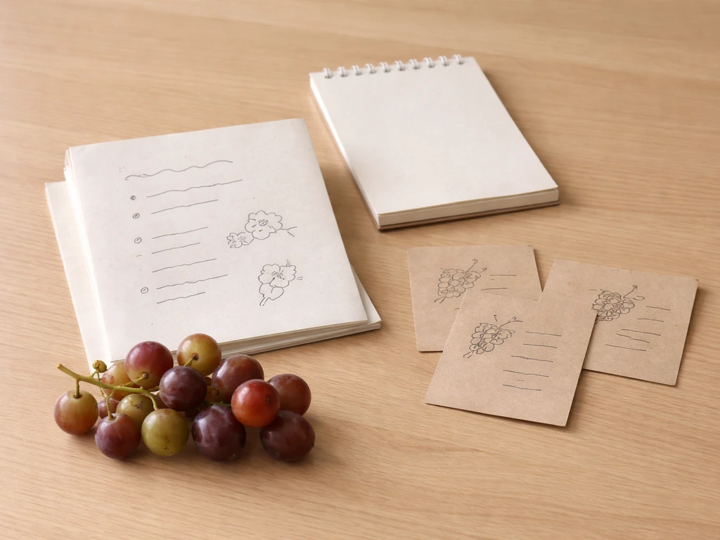 Minimal collage of grape varieties on a wooden table with handwritten-style notes and a few grapes