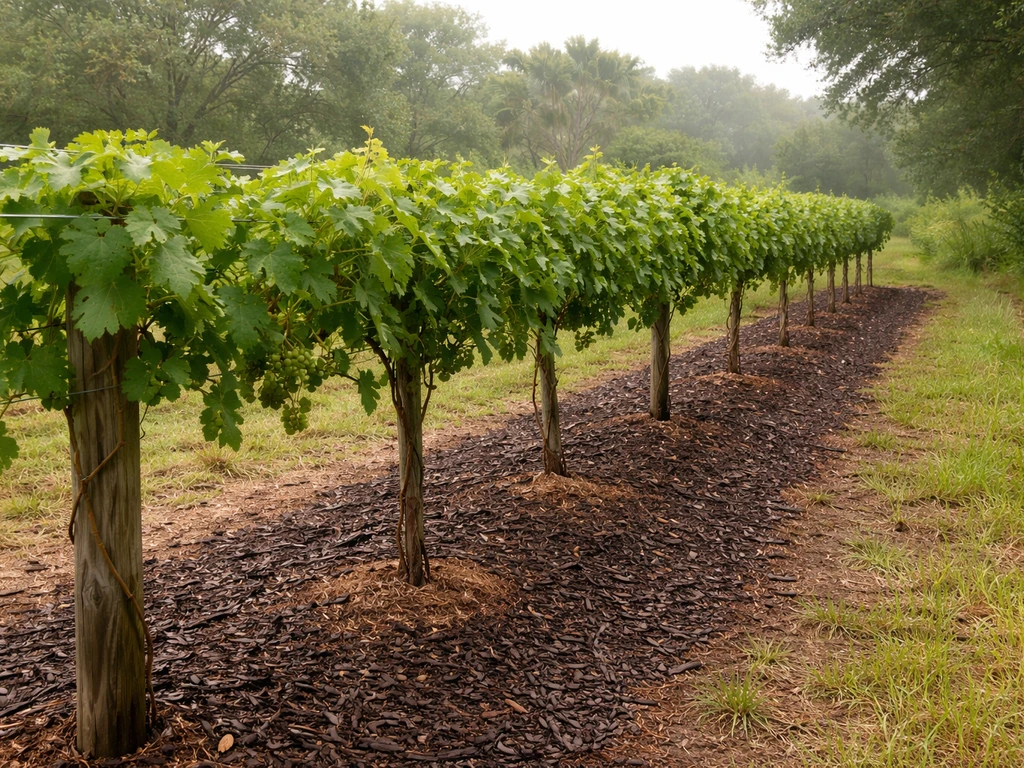 Mulched muscadine grape rows in a hot, humid Lowcountry setting with airflow space between vines.