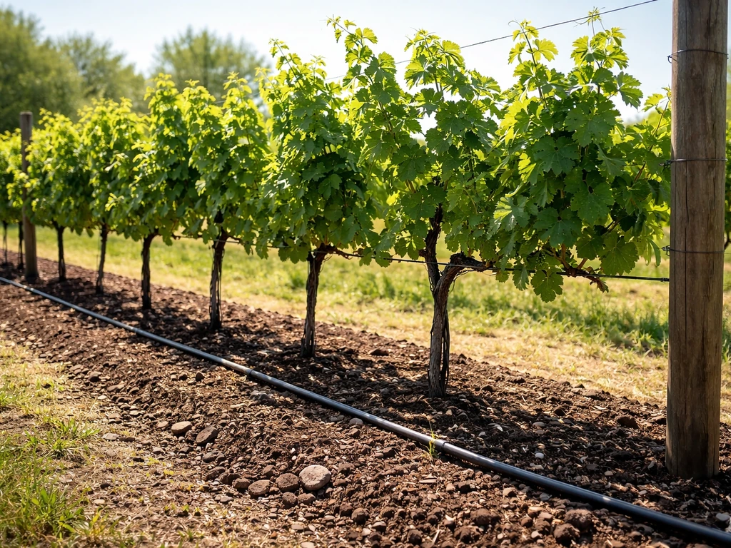 Grape trellis with open canopy, drip irrigation on a raised, well-drained soil bed in bright sunlight.