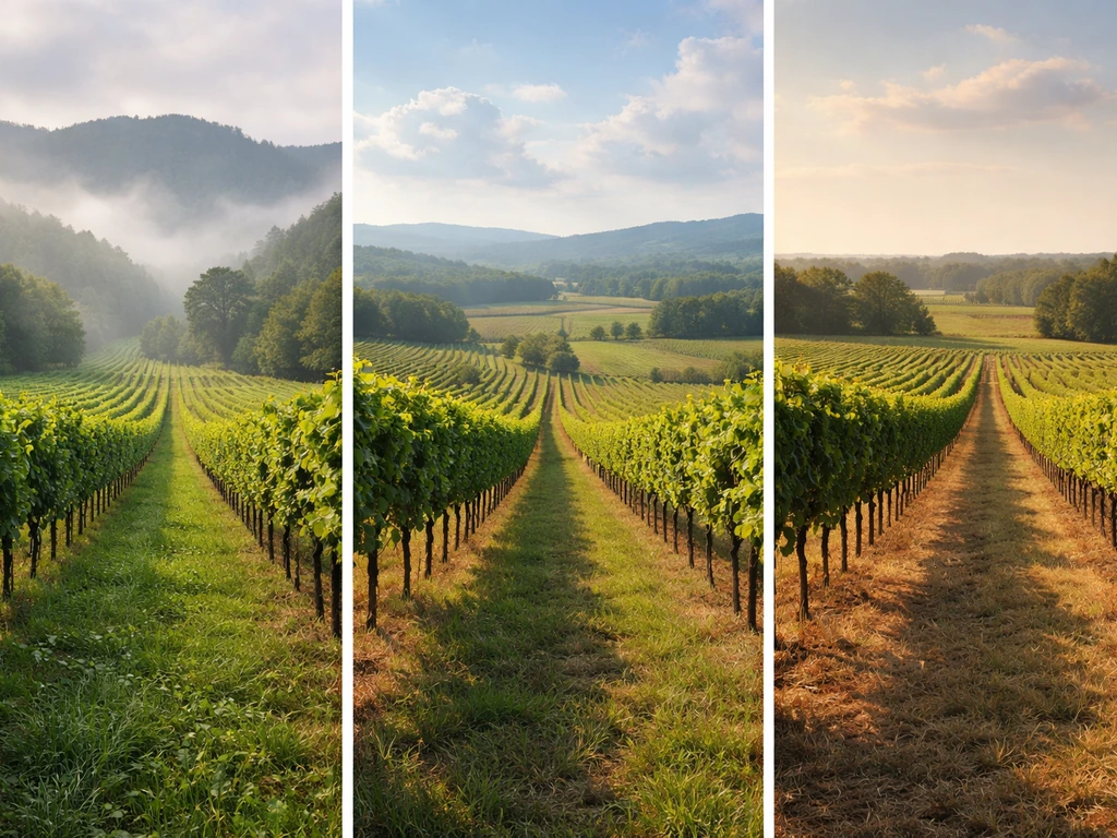 Split view of Tennessee’s East, Middle, and West regions using natural vineyard scenes and soft map-like cues.
