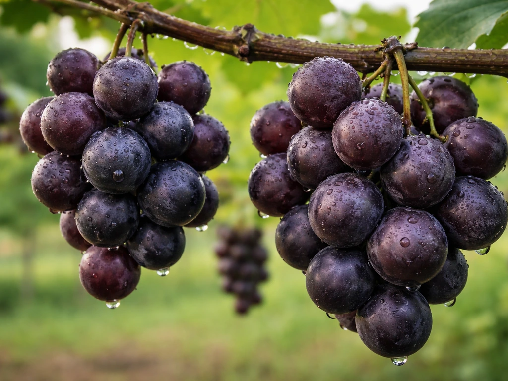 Close-up of dark-purple muscadine grape clusters growing on the vine with a soft green leaf background.