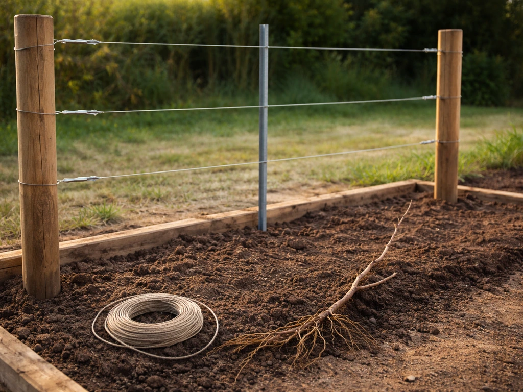 Close-up of trellis posts with taut wires and a bare-root vine cord ready for training