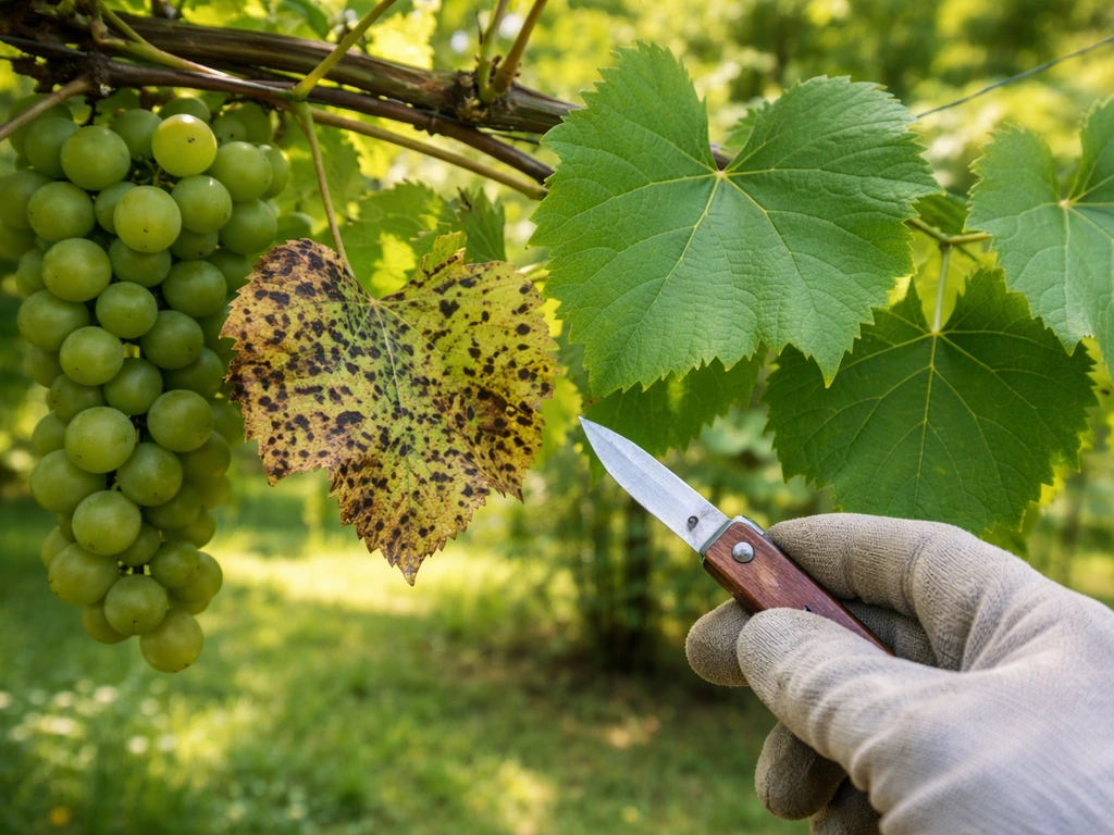 Close-up grape leaves showing black rot-like spots beside healthy leaves, with a small hand tool for inspection.