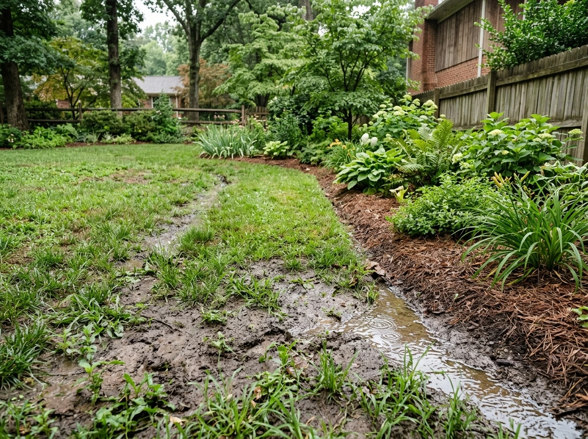 Low, pooling area showing why grapes need good drainage