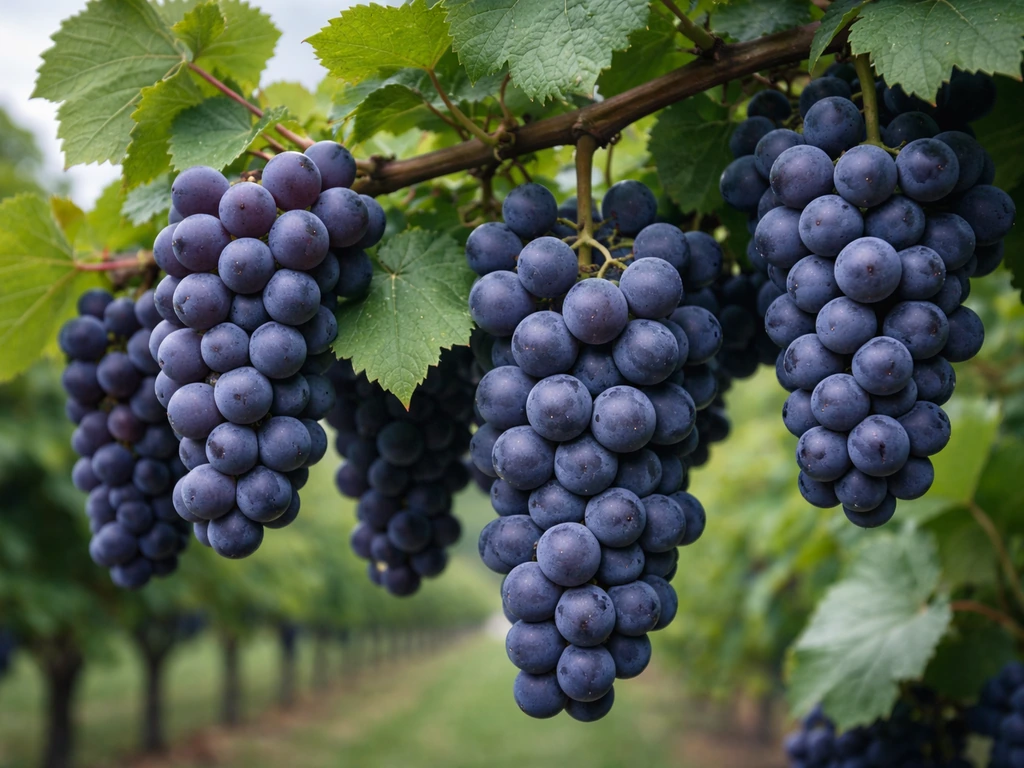 Close-up of purple Concord grape bunches on a vine with green leaves in natural light.