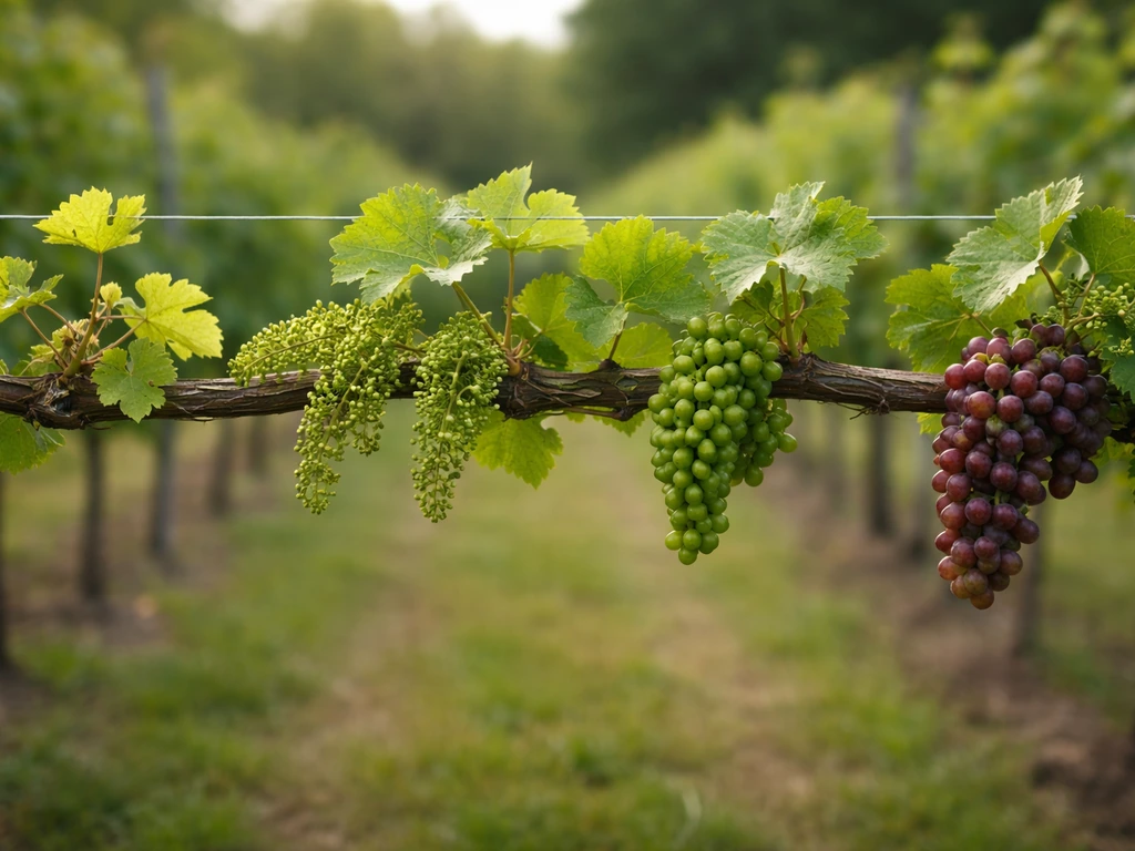 Single grapevine showing budbreak, bloom, berry set, and near-ripening clusters across one frame.