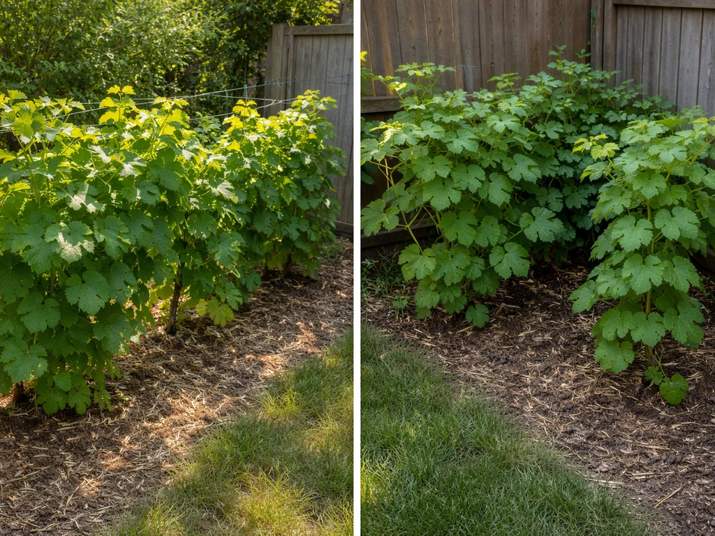 Split view of a full-sun spot with thriving plants and a shaded corner where growth looks stunted