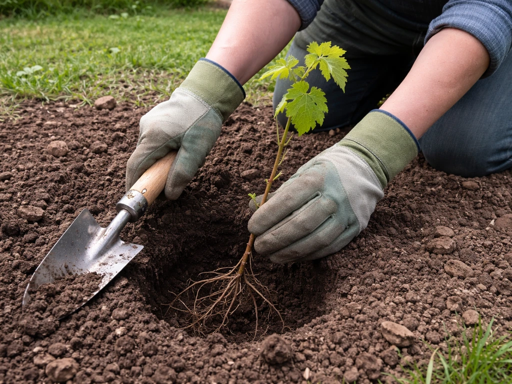 Gloved hands placing a young Concord grape vine into a prepared planting hole in a garden bed.