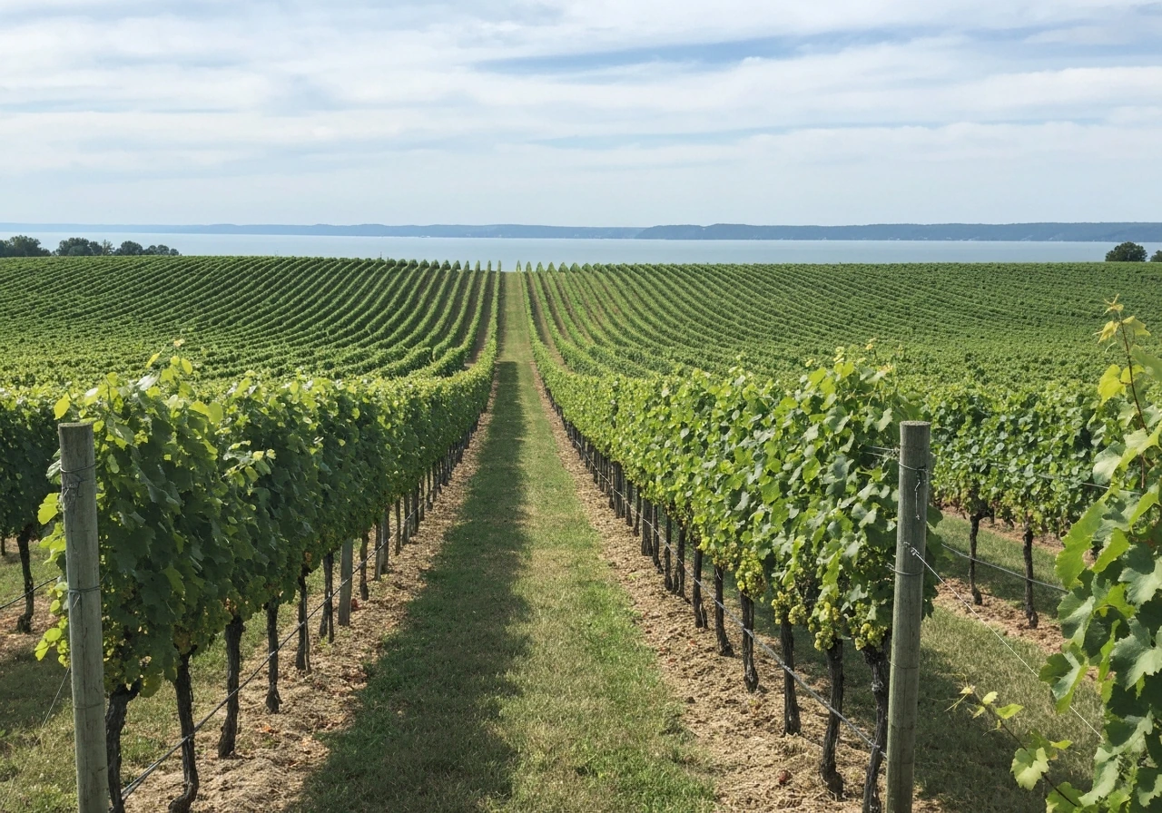 Wide view of grapevine rows in Michigan, with a distant lake horizon suggesting cool lake influence.