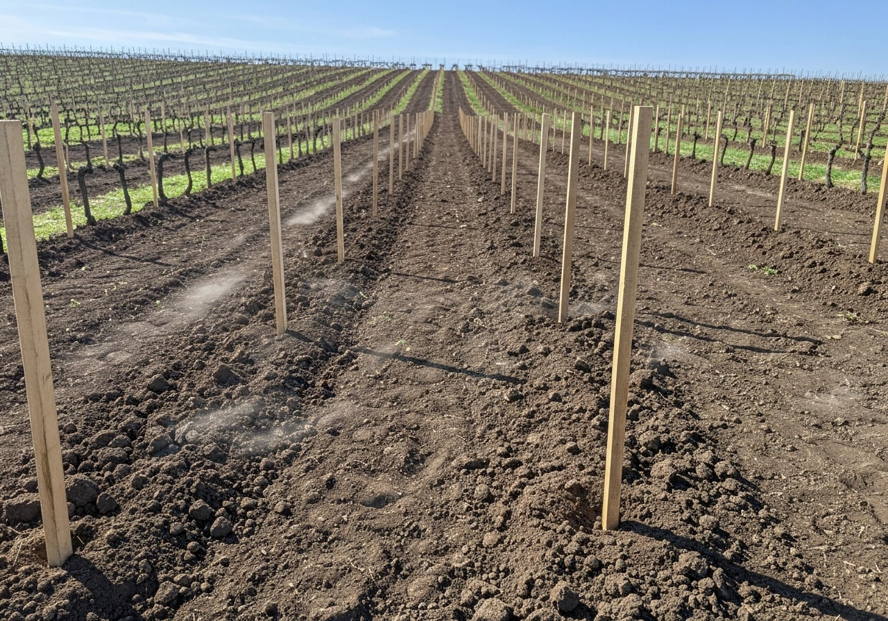 Bare, sunlit vineyard soil on a slope with evenly spaced stakes marking where vines will be planted.