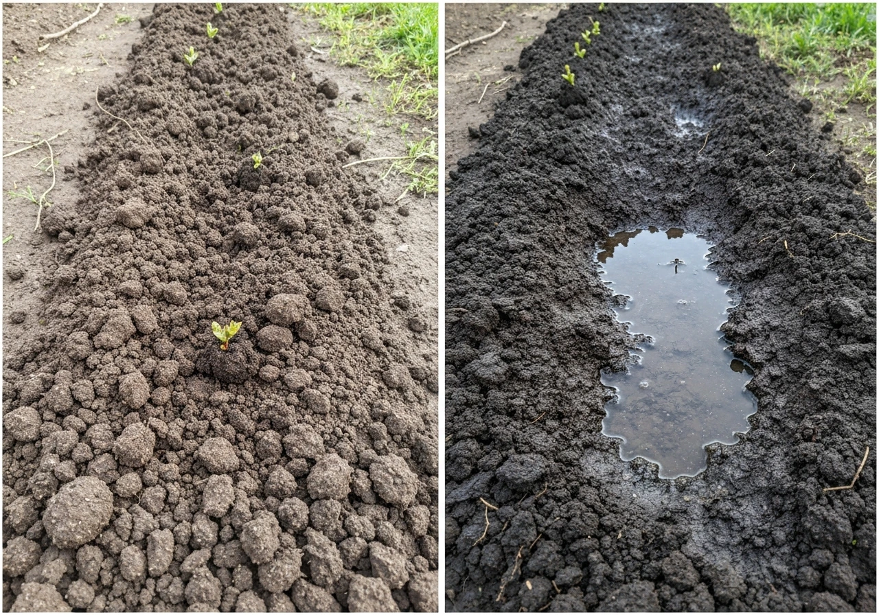 Left raised mound with crumbly dry soil; right boggy wet mud with a small puddle between planting areas.