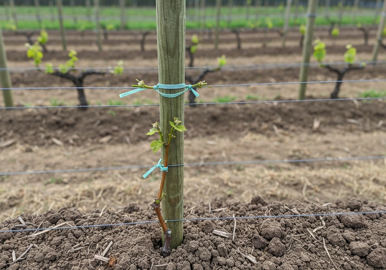 Newly planted grape vine tied to a simple trellis with training wires in a tidy vineyard row.