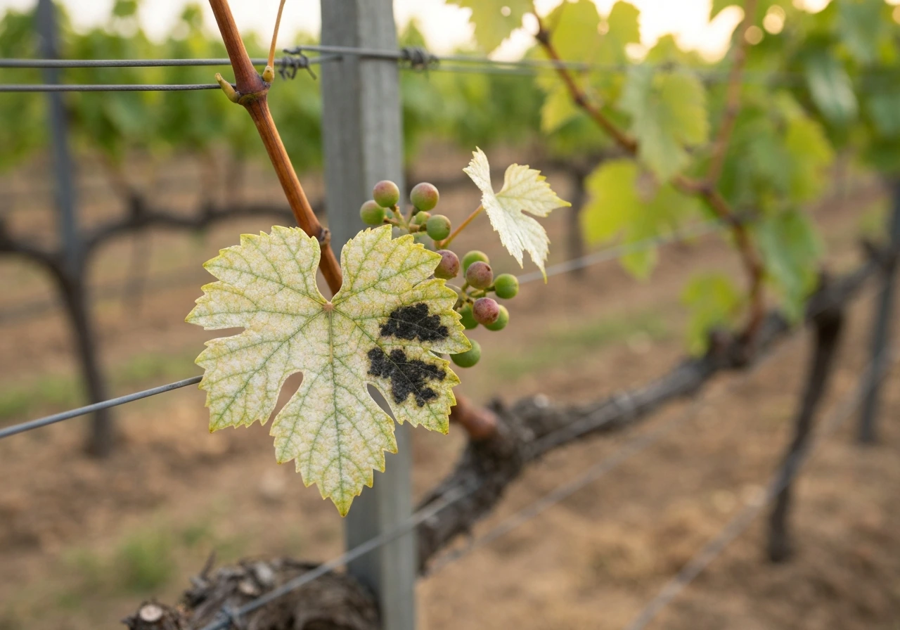 Grape vine leaves and small berries with powdery and dark mildew-like spots in a quiet vineyard row