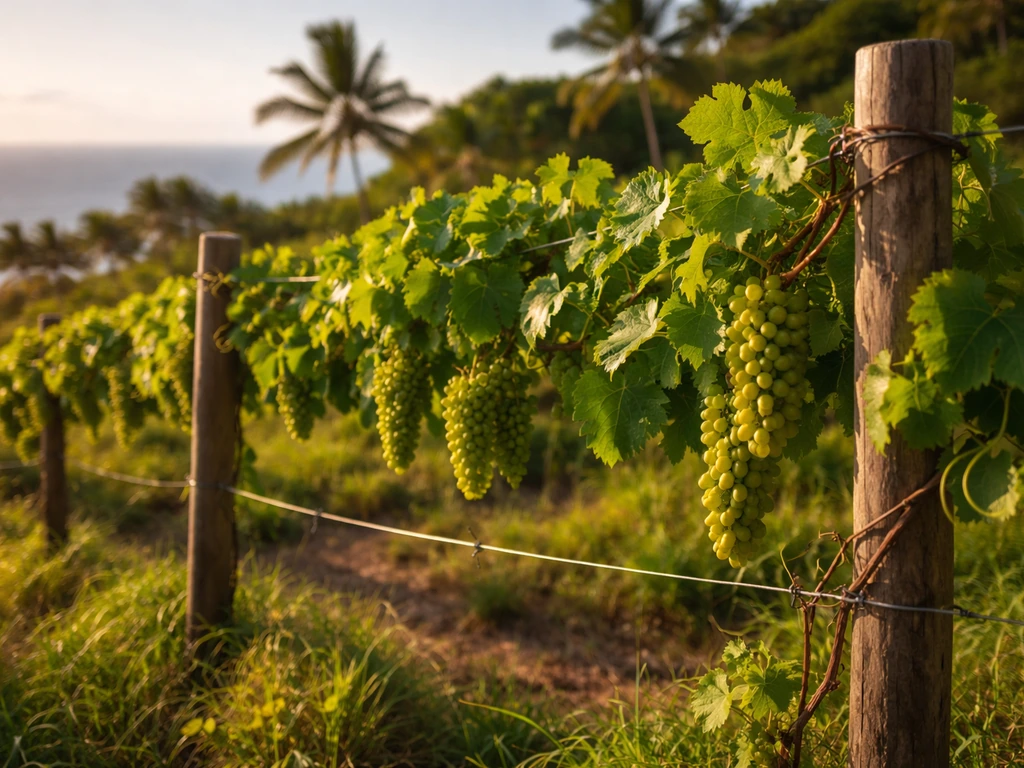 Sunlit grapevines on a coastal trellis in Hawaii, showing healthy clusters and thriving greenery.