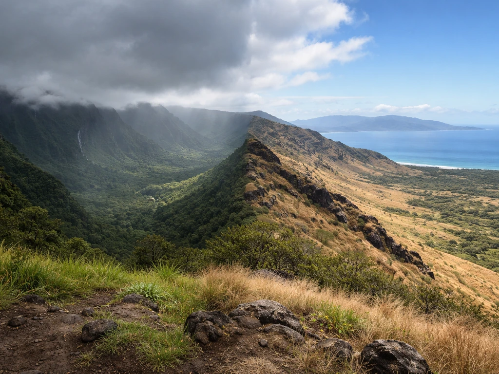 Split view of lush rainy windward greenery and dry sunny leeward hills in Hawaii.