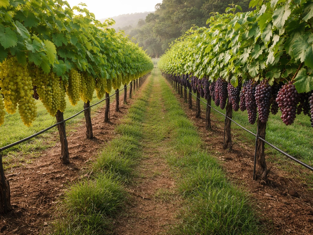 Two adjacent grapevine rows in Hawaii—trellis-trained table grapes and darker wine grapes in simple farm beds.