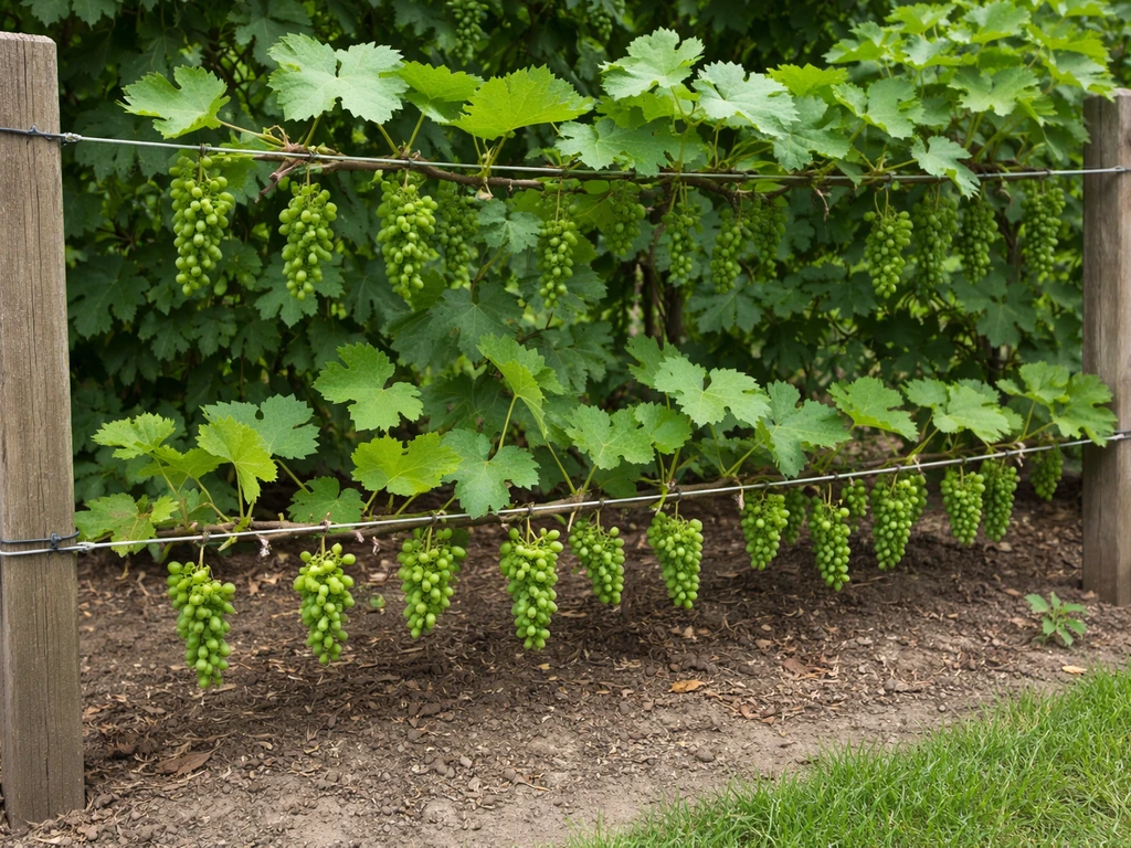 Two-wire horizontal grape trellis with trained canes tied and fruiting wood lifted off the ground.