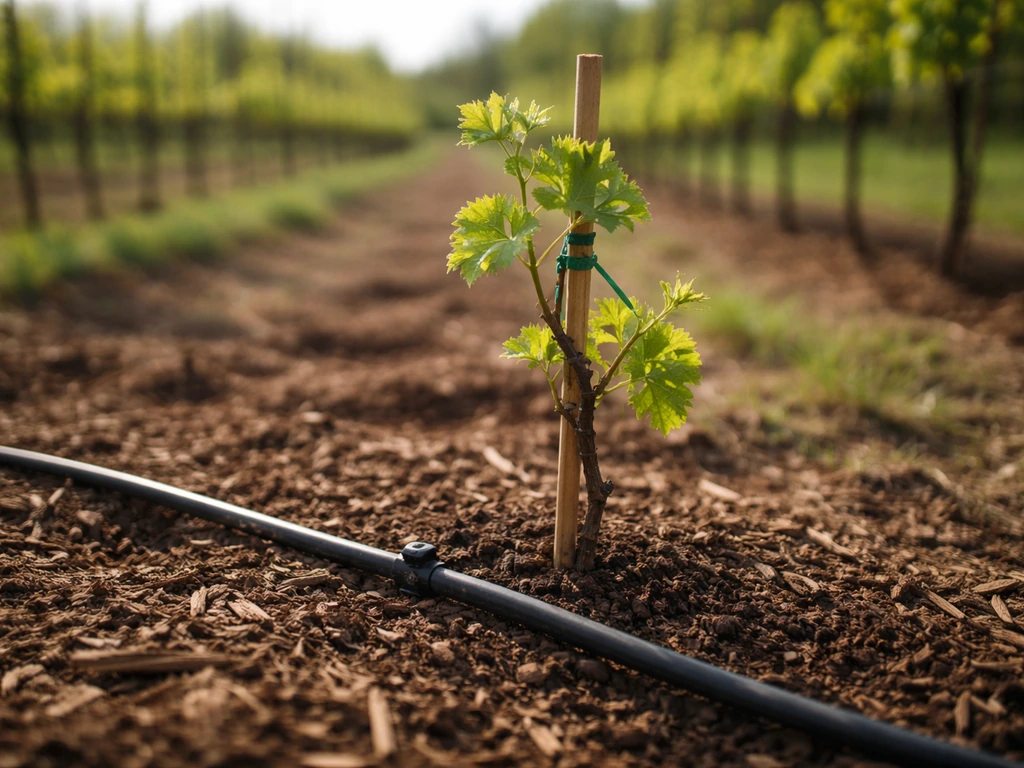 Young grapevine with early shoots beside a drip irrigation line in a quiet orchard row.