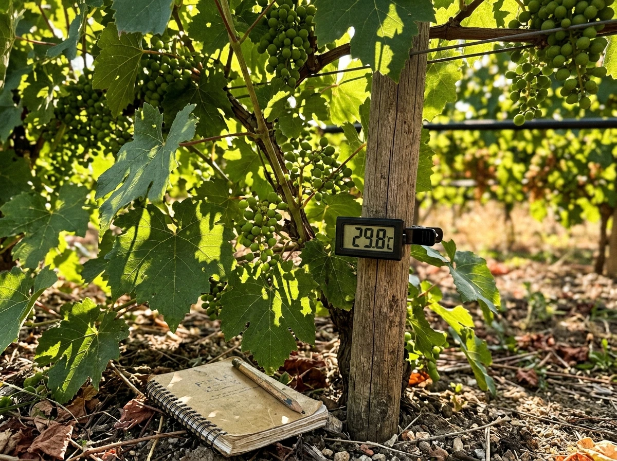 Thermometer and record sheet showing summer heat accumulation concept near a vine