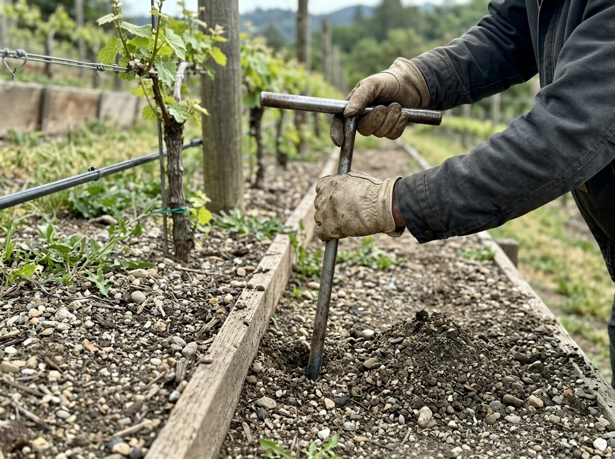 Hand measuring a soil probe in well-drained ground for grape growing
