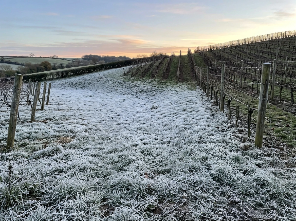 Cold-air drainage visualization with frost pooling in a low spot near a hill