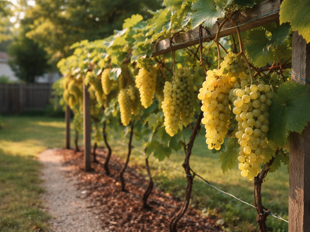 Ripe table grapes hanging on trellised vines in a small Massachusetts backyard vineyard at harvest time.