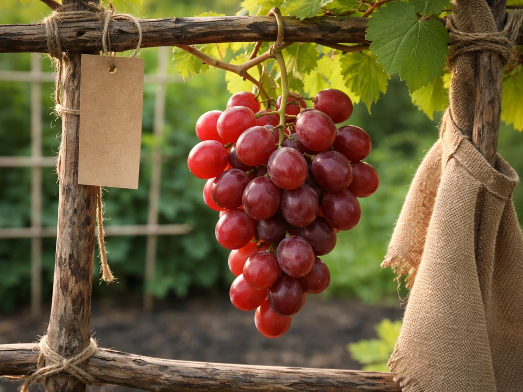 Close-up of a ripe red grape cluster on a backyard trellis with a plain tied plant tag in soft sunlight.