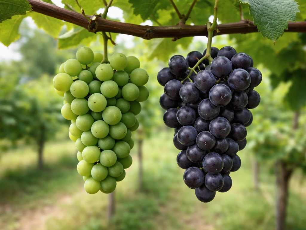 Two grape clusters on a vine at different ripeness stages, one green and one dark and ready.