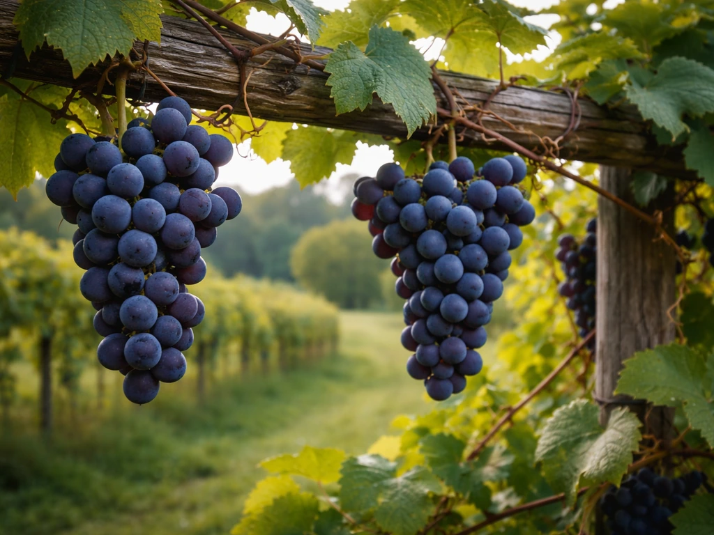 Close-up of ripe Concord grape clusters on a vineyard vine in New England style countryside.