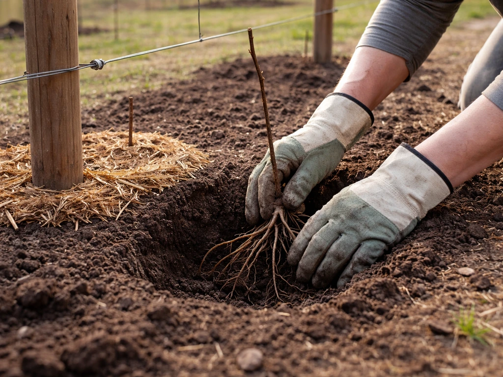 Gloved hands place a bare-root vine into a prepared hole beside an installed trellis and mulch.