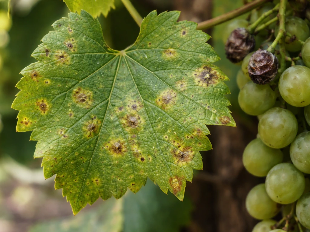 Close-up of grape leaves with small yellow-brown black rot spots and one shriveled berry