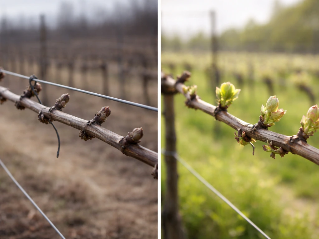 Side-by-side winter dormancy and spring budbreak on a grapevine cane on a simple trellis.