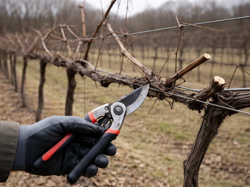 Leafless grape vine canes on a trellis in winter with pruning loppers in hand near pruning cuts.