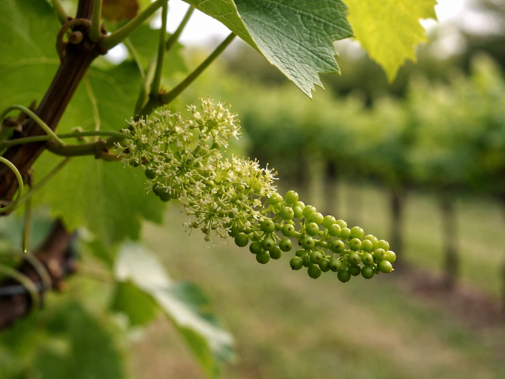Grapevine close-up with blossoms and tiny newly formed green berries after bloom
