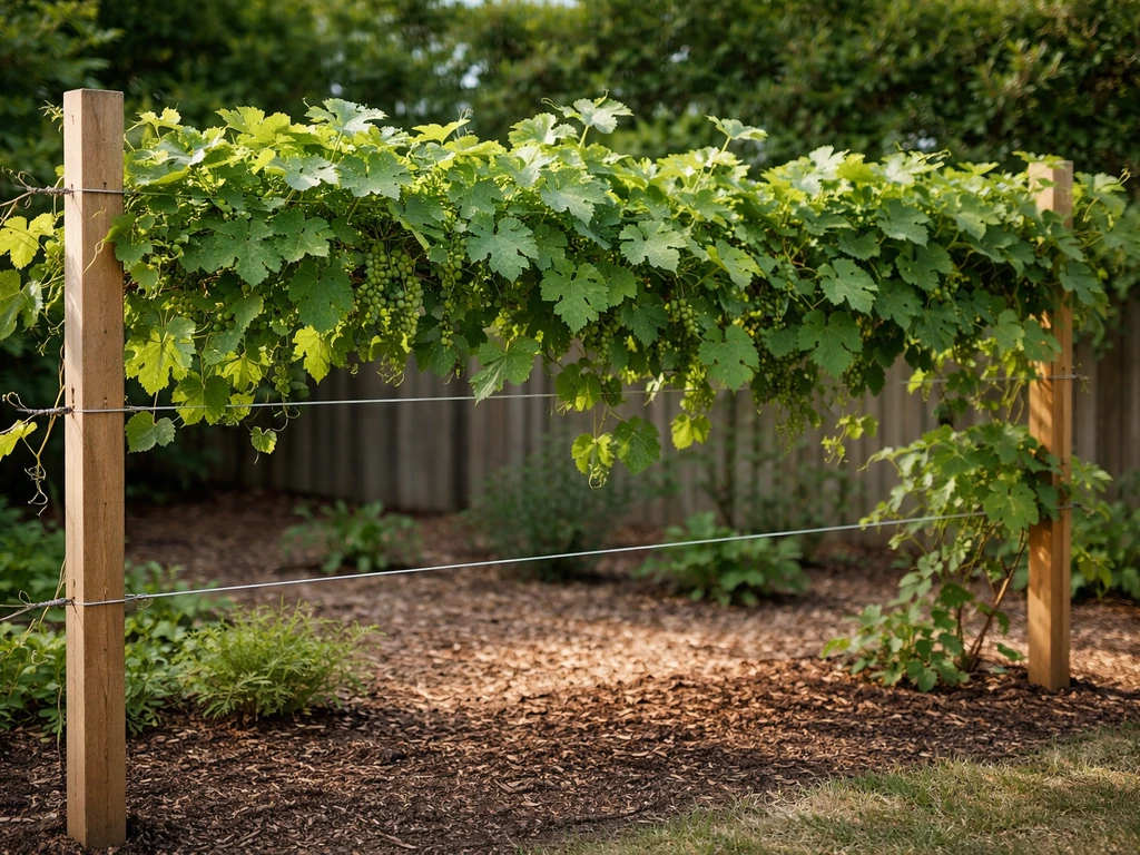 Grape vines trained along a garden trellis, showing typical 3–9 ft height and canopy spread