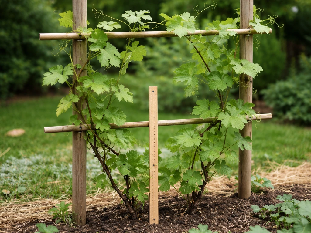 Grape vines climb a wooden trellis while a yardstick next to the base shows their typical height.