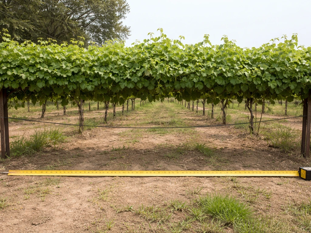 Grape vine canopy on a trellis with a horizontal tape measure showing a wide canopy span