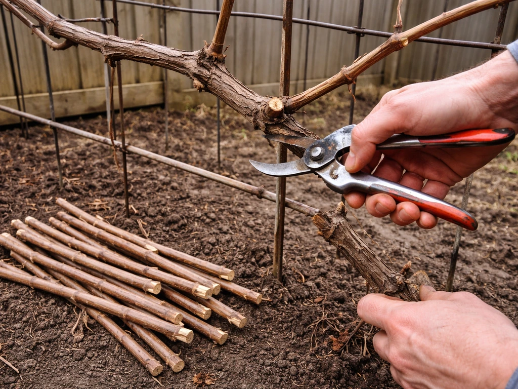 Gardener’s hands pruning a dormant grape vine; secateurs in use with cut canes visible nearby.