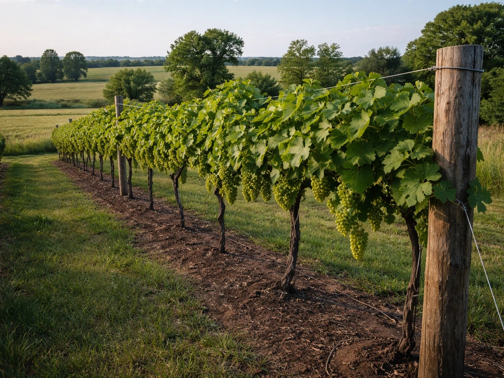 Iowa backyard grape vines on a trellis with rural landscape in the background during growing season