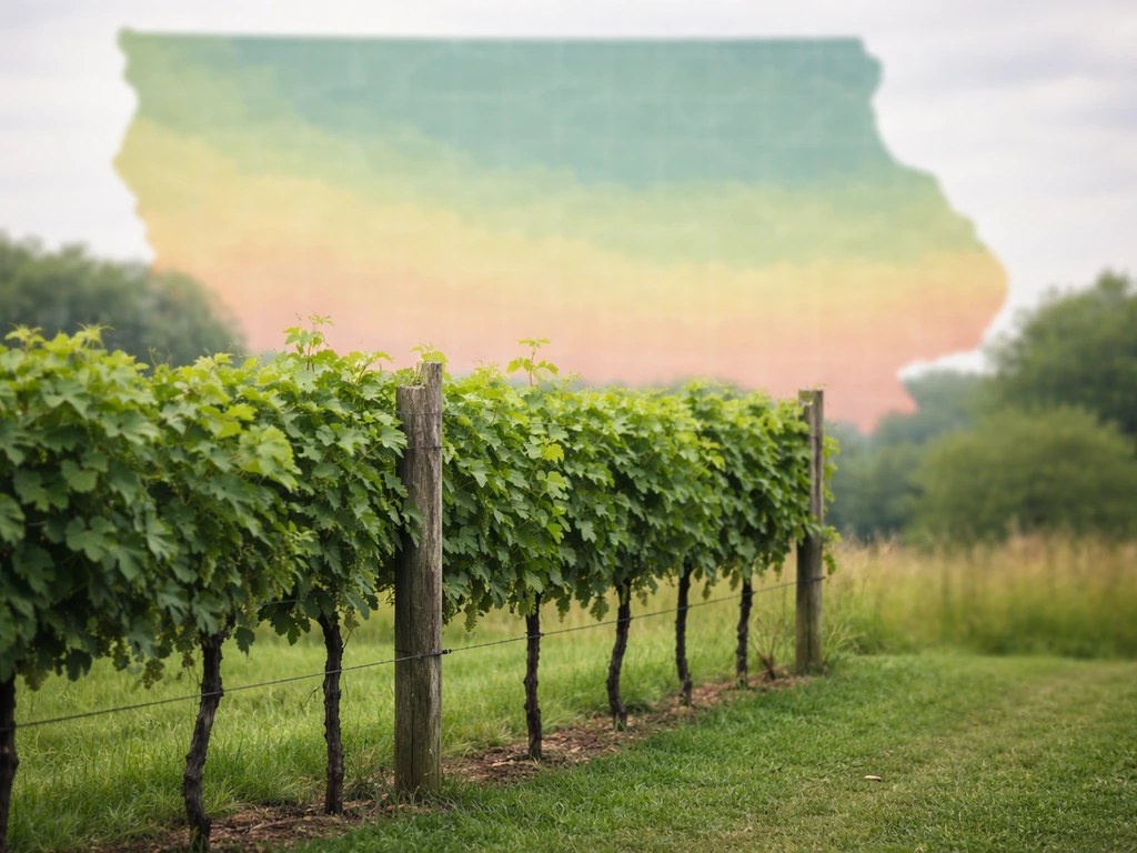 Minimal photo of grapevine rows with a blurred map-like background of Iowa hardiness zones.