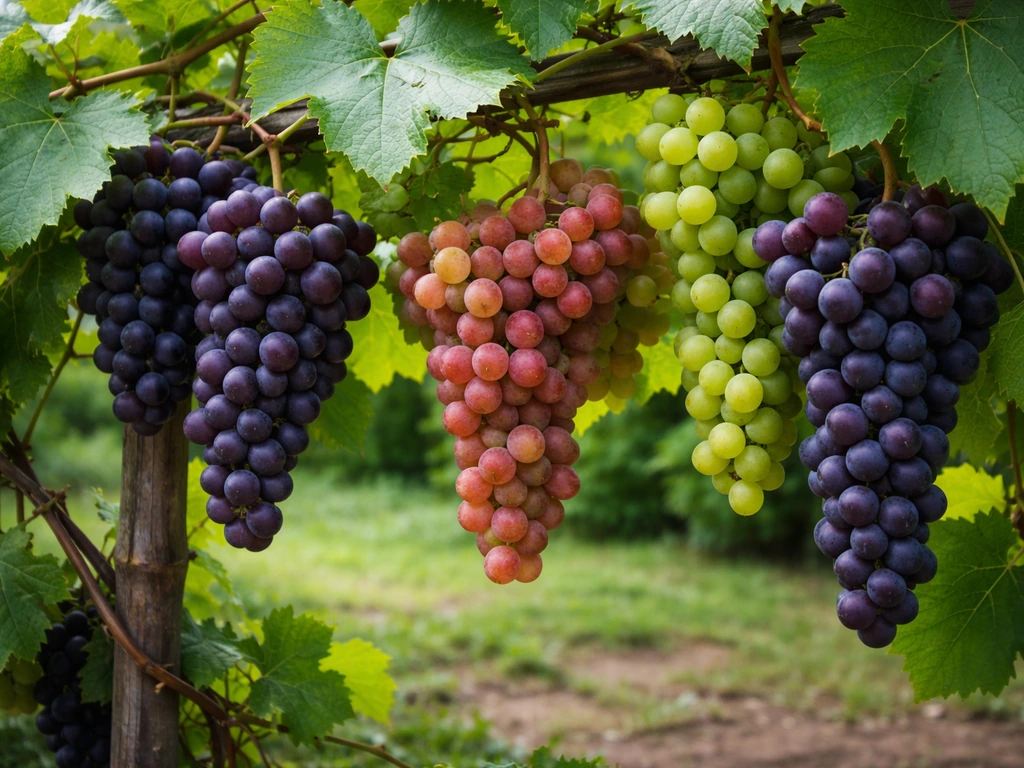 Close-up of cold-hardy grape clusters and leaves in an Iowa-style garden bed, natural light