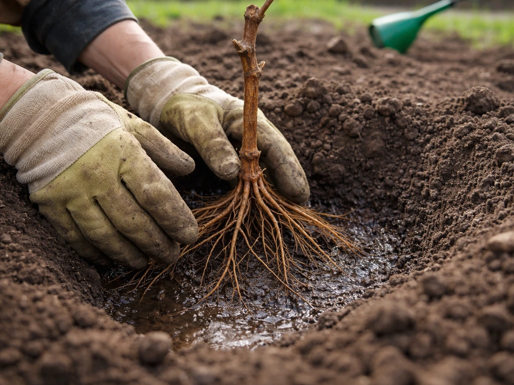 Hands placing bare-root grapevine roots into a prepared planting hole, soil mounded and watered.